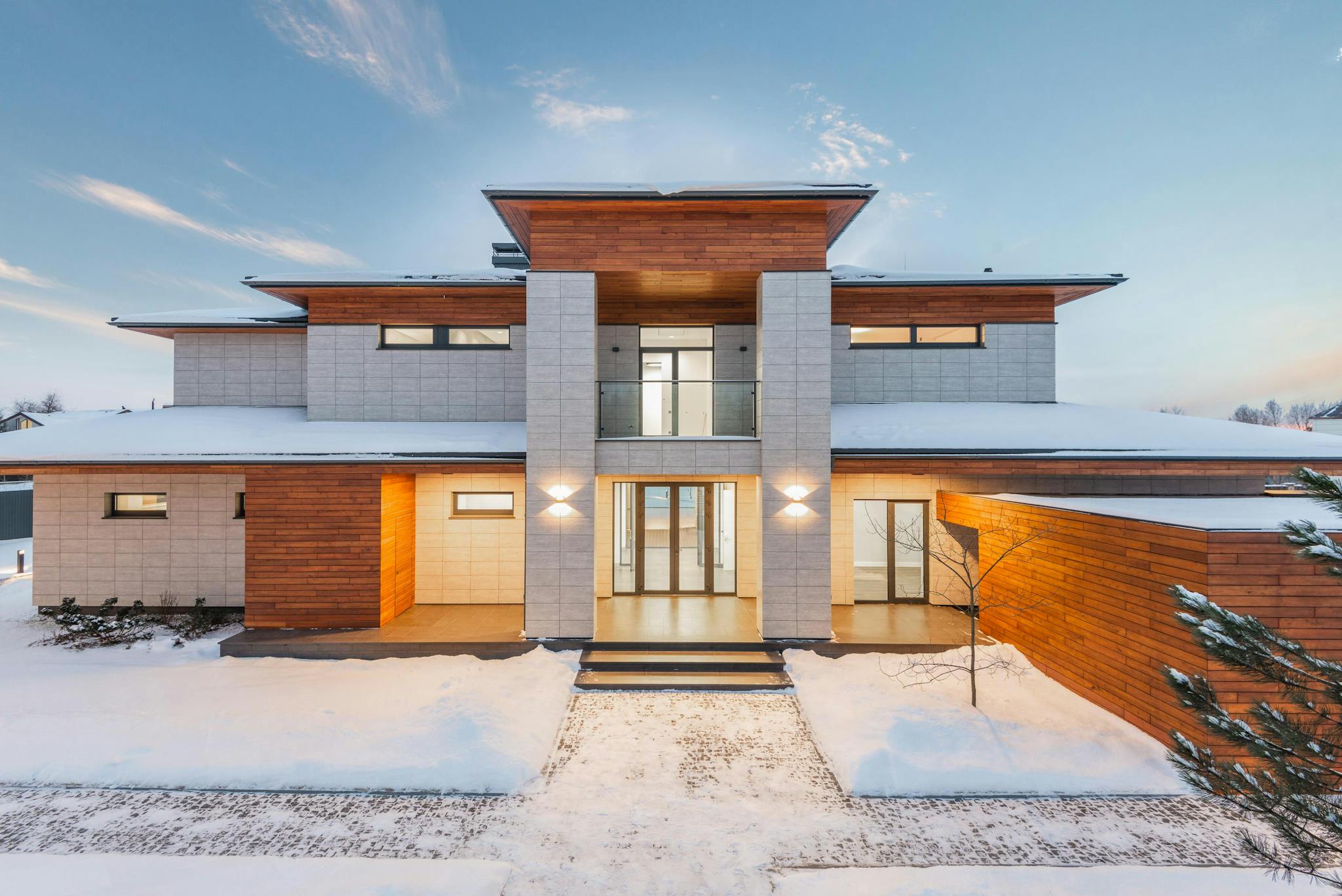 backyard view of new modern luxurious cottage