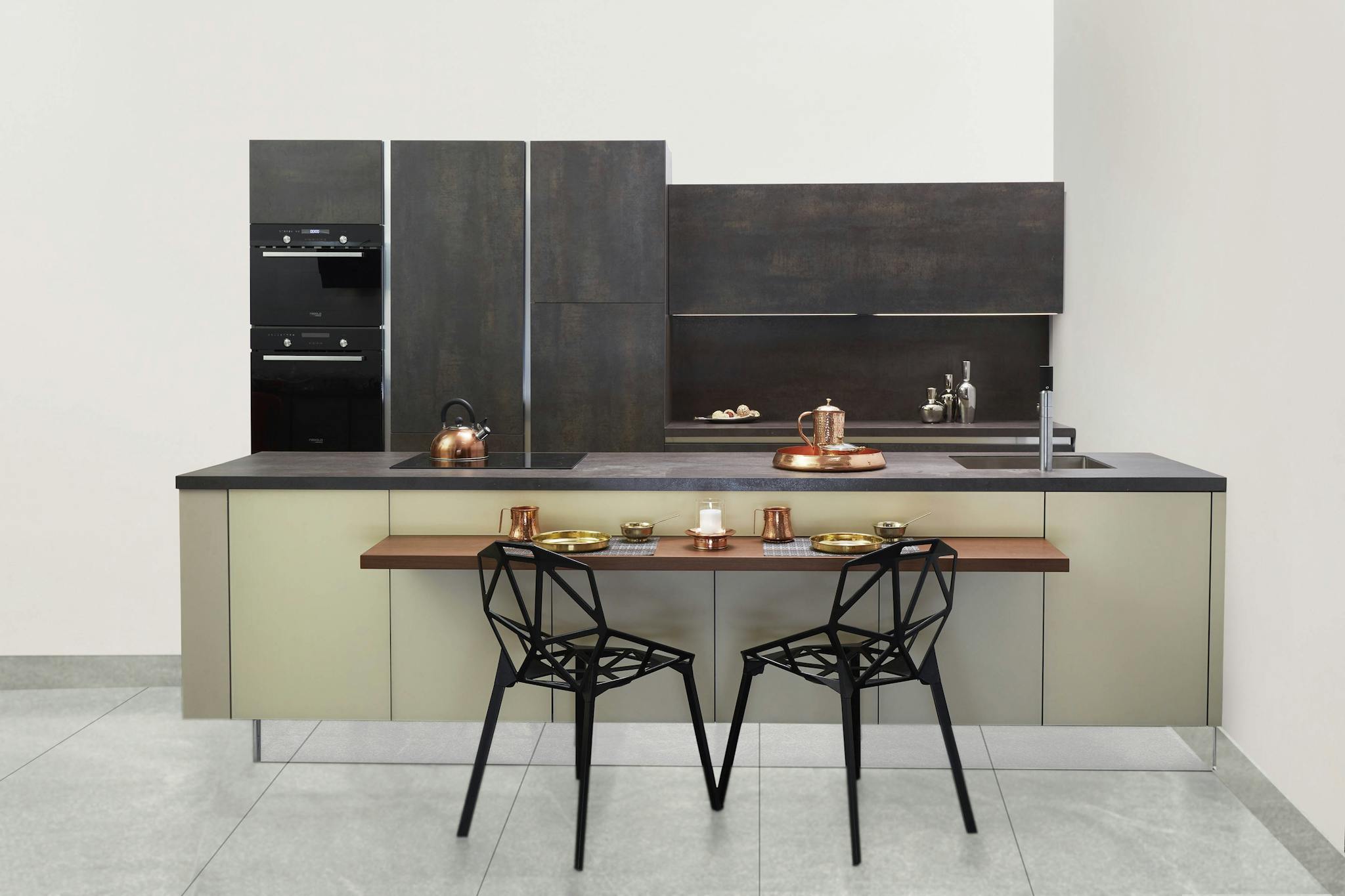 two black chair in kitchen island of modular home